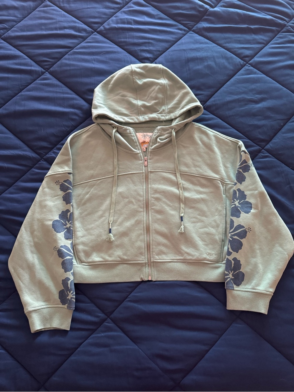 Roxy Sage Green Fringing Reefs Zip Hoodie with Navy Blue Hibiscus Print-Cropped